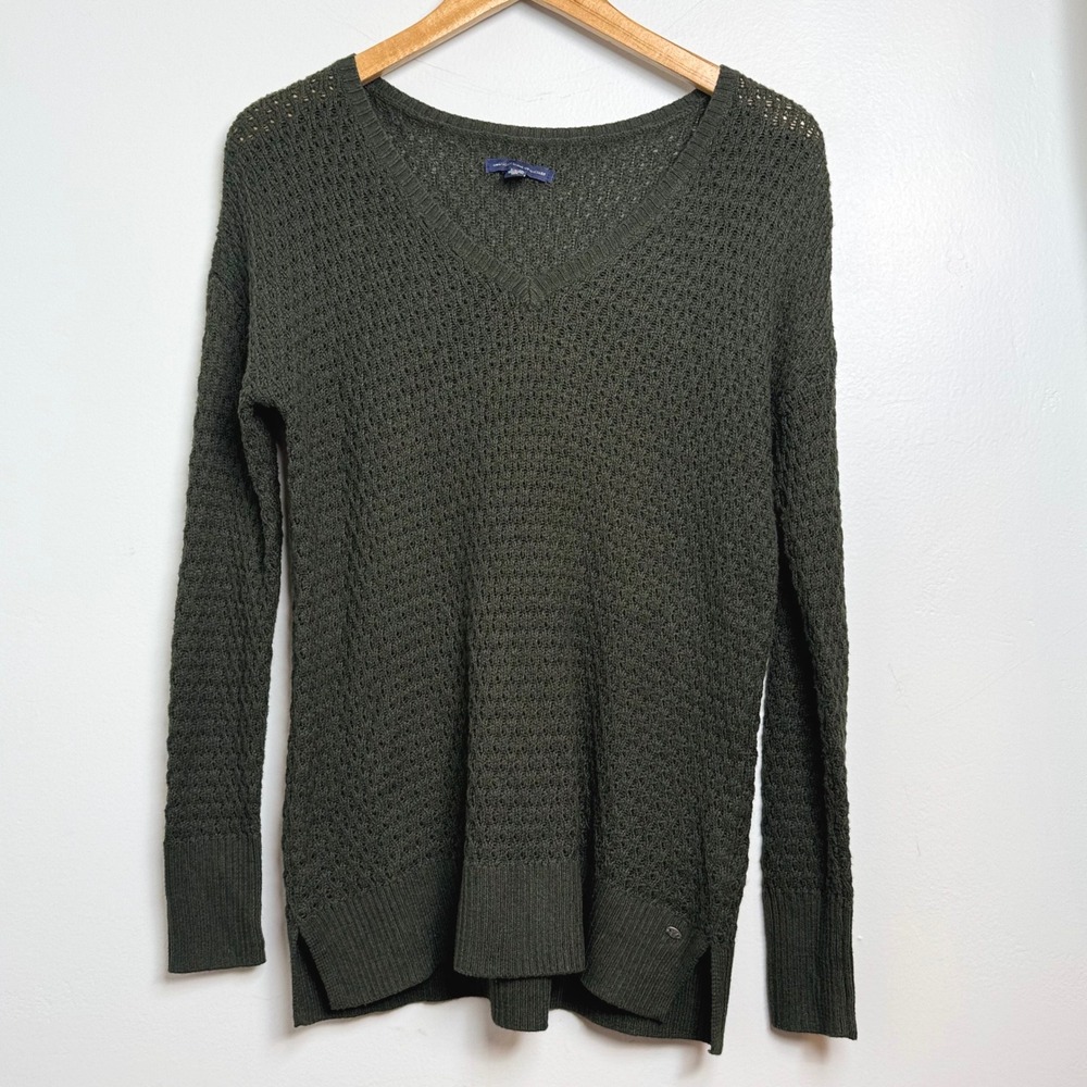 American Eagle Outfitters Olive Green Textured V Neck Long Sleeve Sweater Sz S